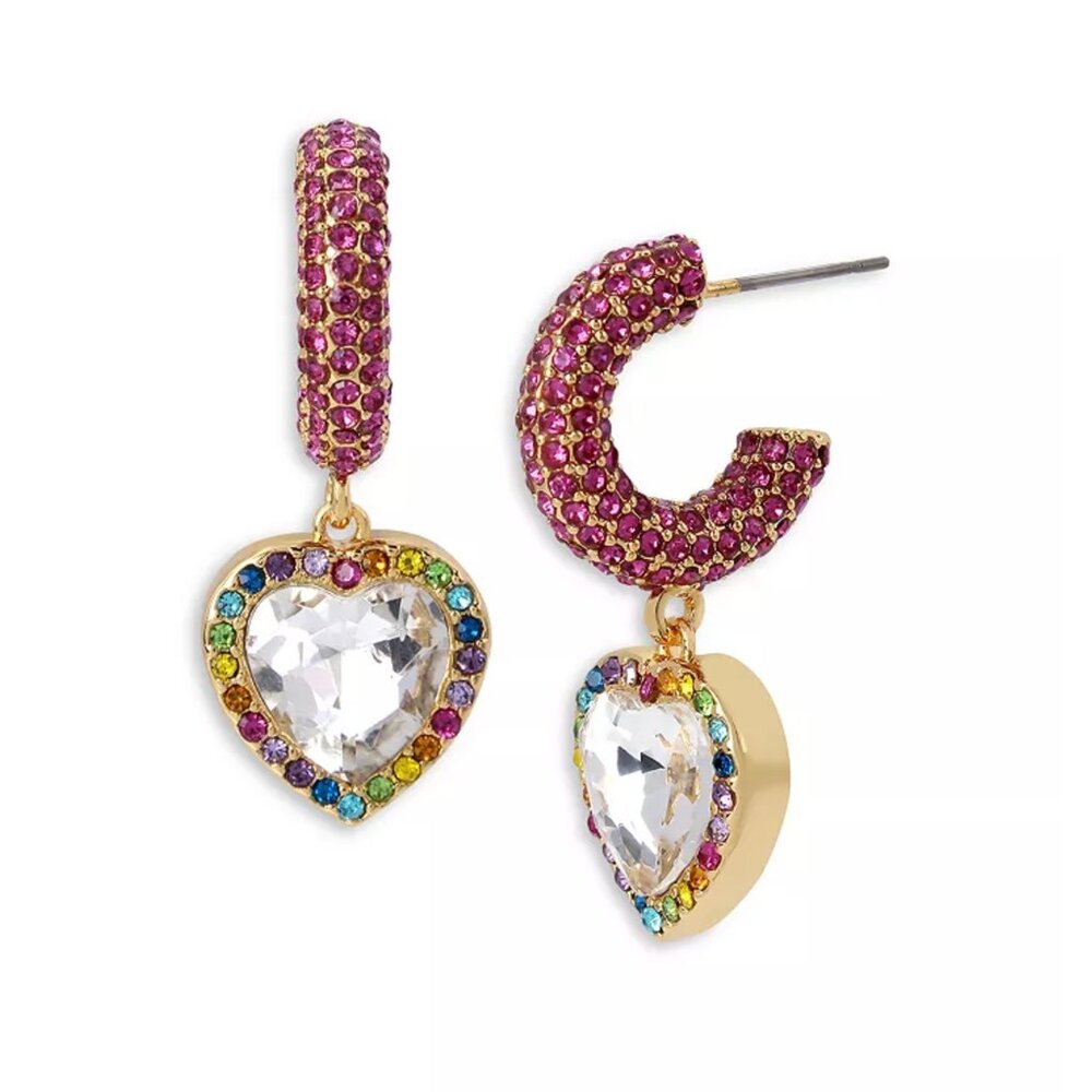 Kurt Geiger London Rainbow Crystal Heart Charm Huggie Hoop Earrings Gold Tone